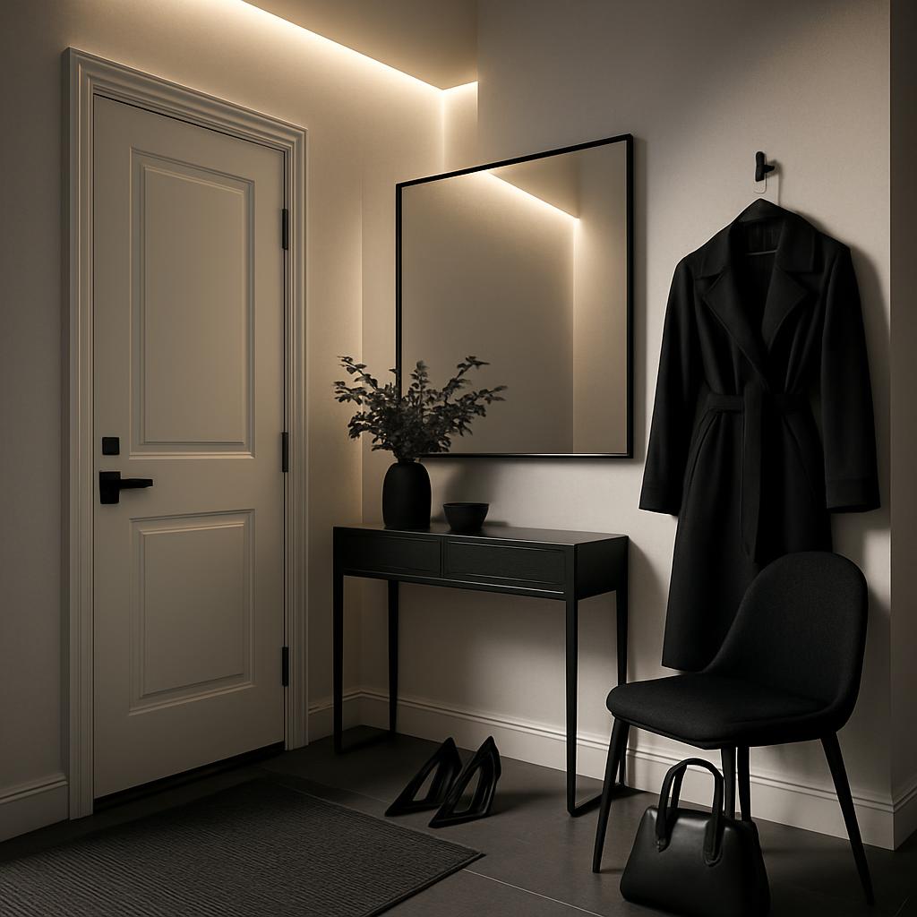 Eleganter Eingangsbereich mit indirekter Beleuchtung, Spiegel und schwarzen Accessories